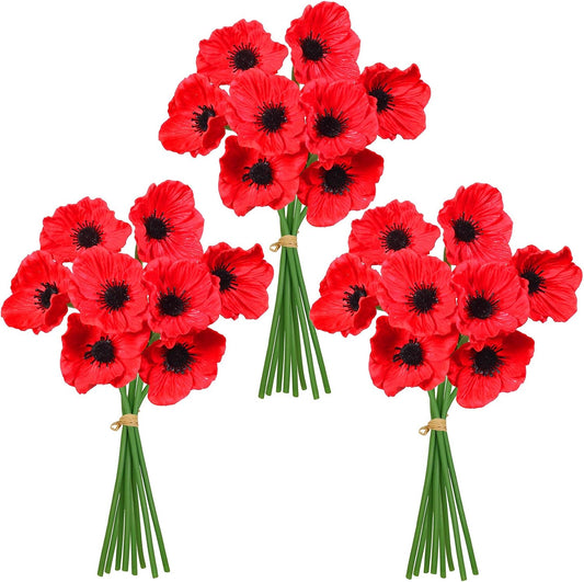 24 pcs Artificial Red Flower Stems PU Real Touch Flower Fake Flowers in Red with Black Center 11.6" Tall for Wedding Bouquets Corsages Centerpiece Floral Arrangements