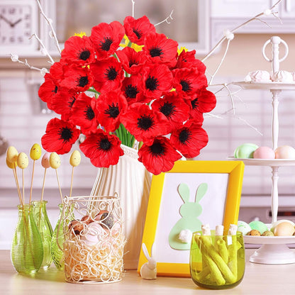 24 pcs Artificial Red Flower Stems PU Real Touch Flower Fake Flowers in Red with Black Center 11.6" Tall for Wedding Bouquets Corsages Centerpiece Floral Arrangements