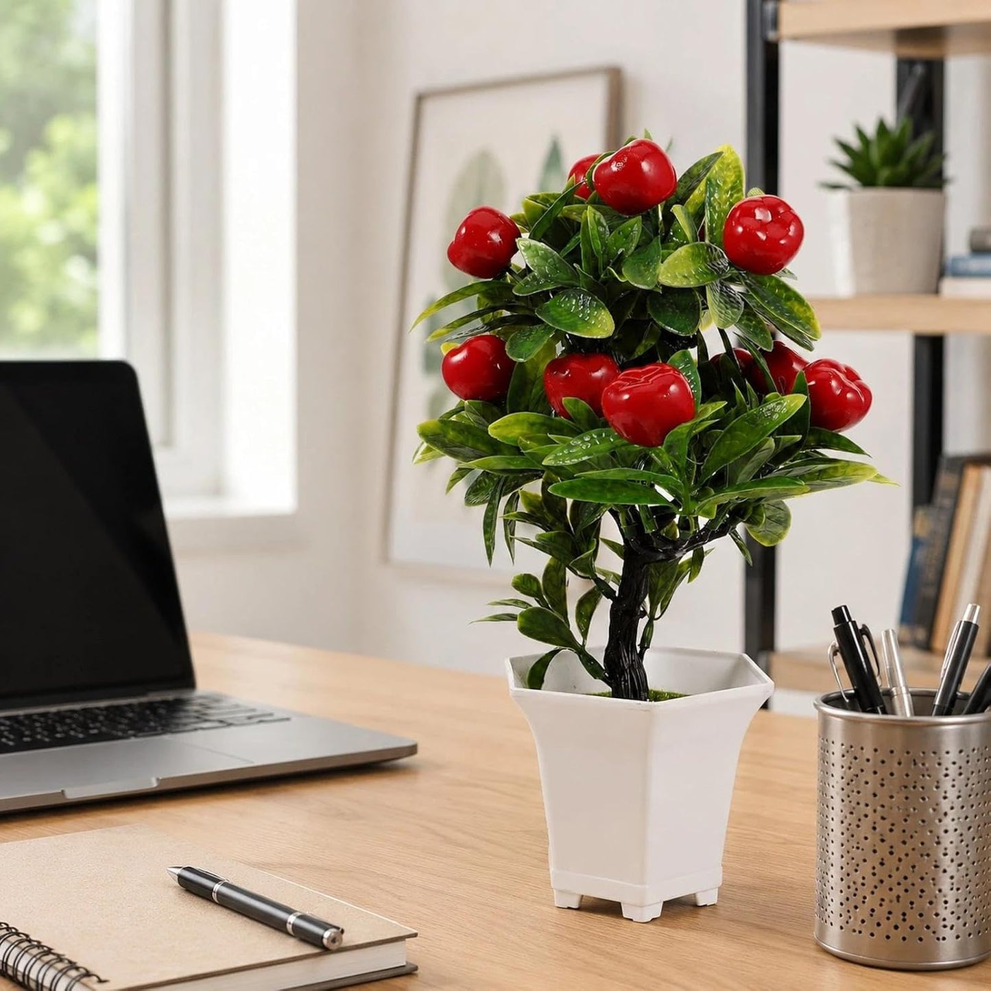 Artificial Potted Apple Tree 12.85 in for Tabletop Decor | Fruit And Greenery Detail Suits Tables and Shelves, Suitable for Kitchens, Shops, Offices, and Seasonal Room Styling