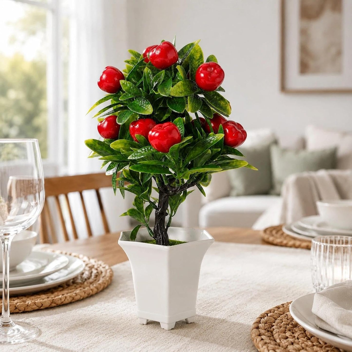 Artificial Potted Apple Tree 12.85 in for Tabletop Decor | Fruit And Greenery Detail Suits Tables and Shelves, Suitable for Kitchens, Shops, Offices, and Seasonal Room Styling