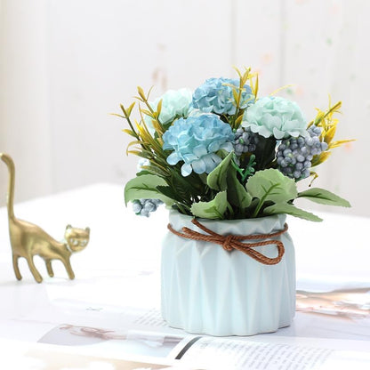 Fake Hydrangeas with Pot, Mini Hydrangea Artificial Flowers Artificial Plant in Ceramic Vase for Office Desktop Decorations (Blue)