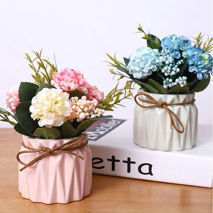 Fake Hydrangeas with Pot, Mini Hydrangea Artificial Flowers Artificial Plant in Ceramic Vase for Office Desktop Decorations (Blue)