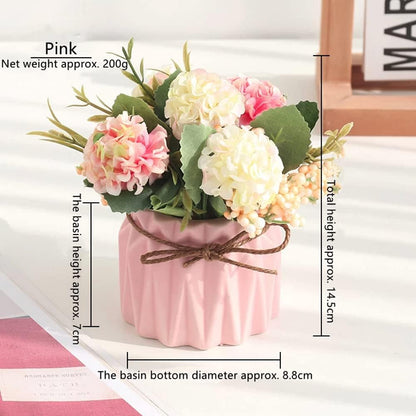Fake Hydrangeas with Pot, Mini Hydrangea Artificial Flowers Artificial Plant in Ceramic Vase for Office Desktop Decorations (Blue)