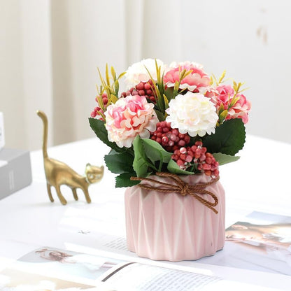 Fake Hydrangeas with Pot, Mini Hydrangea Artificial Flowers Artificial Plant in Ceramic Vase for Office Desktop Decorations (Blue)