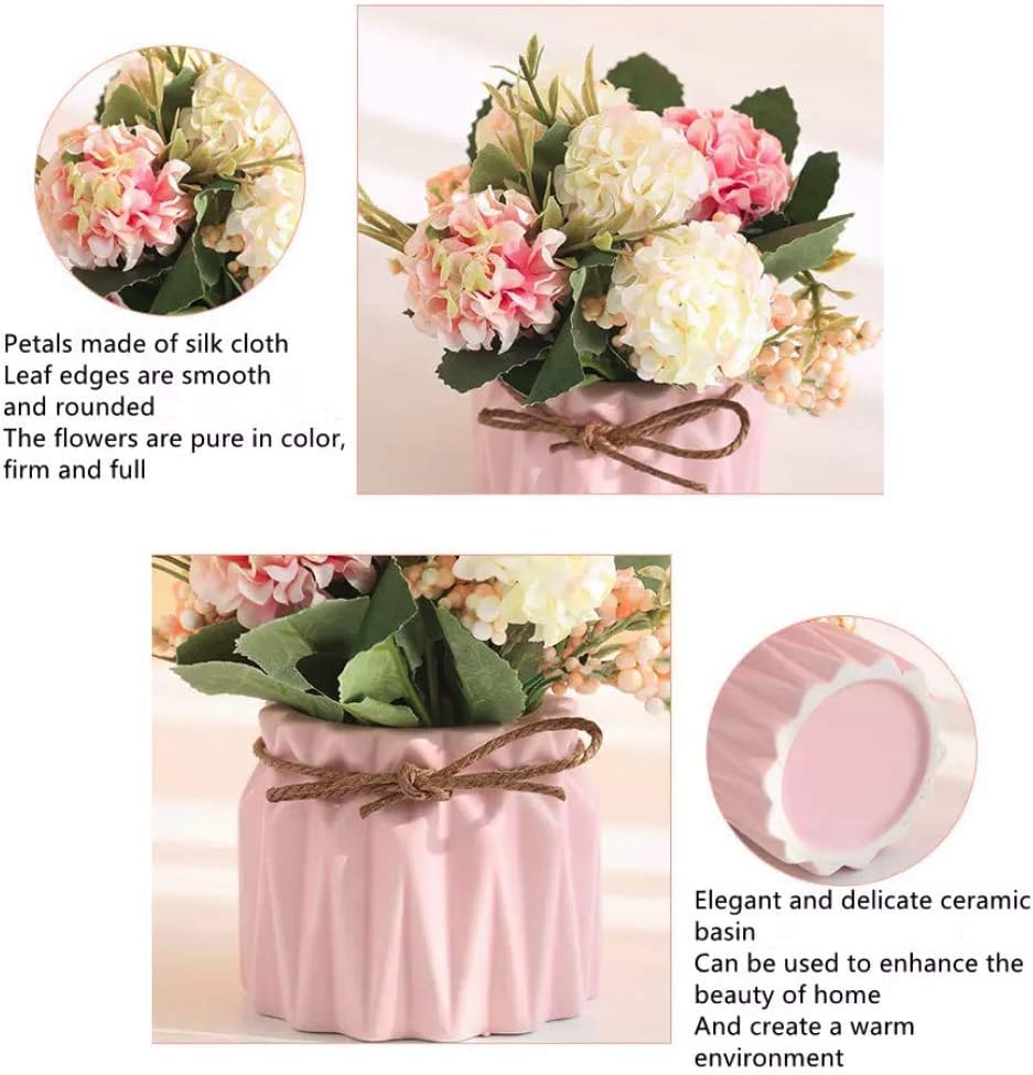 Fake Hydrangeas with Pot, Mini Hydrangea Artificial Flowers Artificial Plant in Ceramic Vase for Office Desktop Decorations (Blue)
