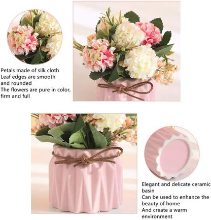 Fake Hydrangeas with Pot, Mini Hydrangea Artificial Flowers Artificial Plant in Ceramic Vase for Office Desktop Decorations (Blue)