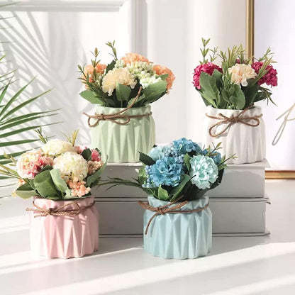 Fake Hydrangeas with Pot, Mini Hydrangea Artificial Flowers Artificial Plant in Ceramic Vase for Office Desktop Decorations (Blue)