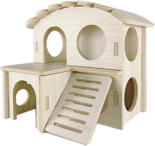 Hamster Hideout Cage Accessories - Hamster House and Habitat Wooden Hide Hut with Climbing Ladder and Platform for Dwarf Gerbils and Mouse Mice Rat Other Small Animals etc.