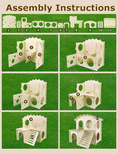 Hamster Hideout Cage Accessories - Hamster House and Habitat Wooden Hide Hut with Climbing Ladder and Platform for Dwarf Gerbils and Mouse Mice Rat Other Small Animals etc.