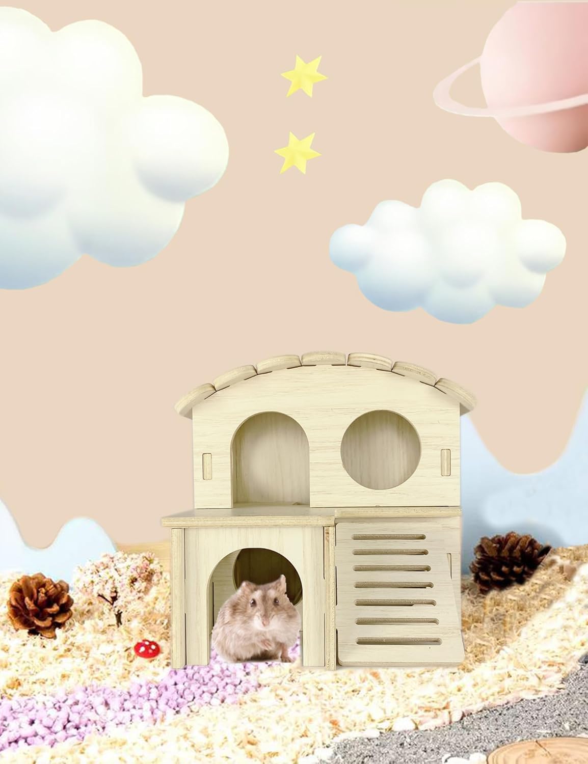 Hamster Hideout Cage Accessories - Hamster House and Habitat Wooden Hide Hut with Climbing Ladder and Platform for Dwarf Gerbils and Mouse Mice Rat Other Small Animals etc.