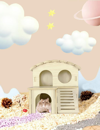 Hamster Hideout Cage Accessories - Hamster House and Habitat Wooden Hide Hut with Climbing Ladder and Platform for Dwarf Gerbils and Mouse Mice Rat Other Small Animals etc.