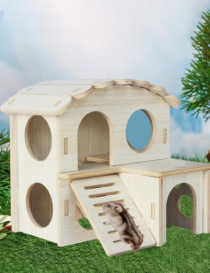 Hamster Hideout Cage Accessories - Hamster House and Habitat Wooden Hide Hut with Climbing Ladder and Platform for Dwarf Gerbils and Mouse Mice Rat Other Small Animals etc.