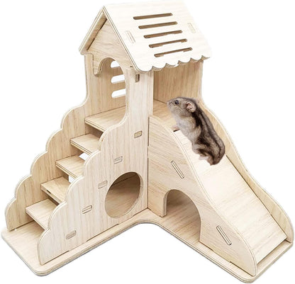 Hamster Hideout Cage Accessories - Hamster House and Habitat Wooden Hide Hut with Climbing Ladder and Platform for Dwarf Gerbils and Mouse Mice Rat Other Small Animals etc.