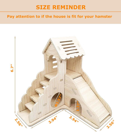 Hamster Hideout Cage Accessories - Hamster House and Habitat Wooden Hide Hut with Climbing Ladder and Platform for Dwarf Gerbils and Mouse Mice Rat Other Small Animals etc.