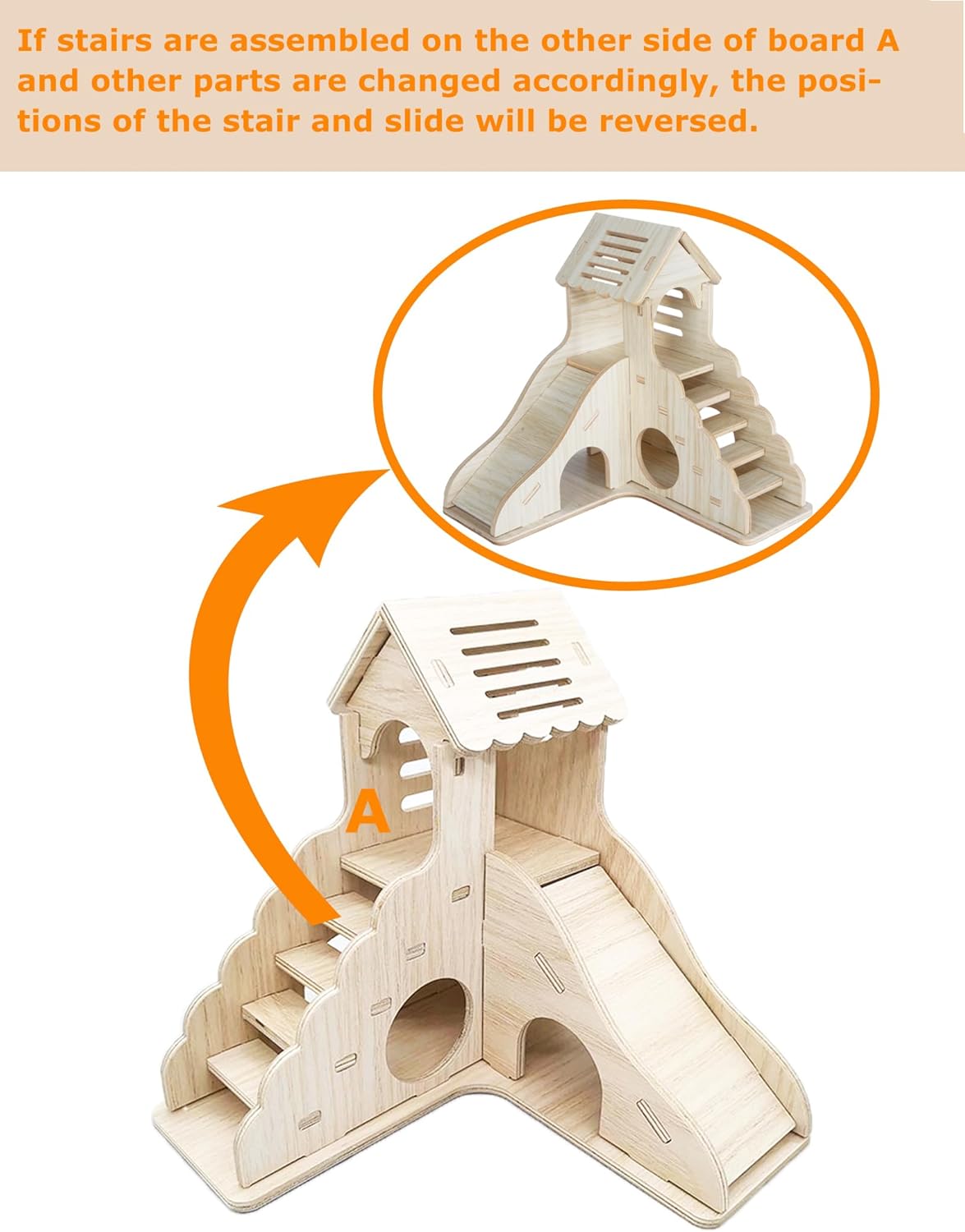 Hamster Hideout Cage Accessories - Hamster House and Habitat Wooden Hide Hut with Climbing Ladder and Platform for Dwarf Gerbils and Mouse Mice Rat Other Small Animals etc.