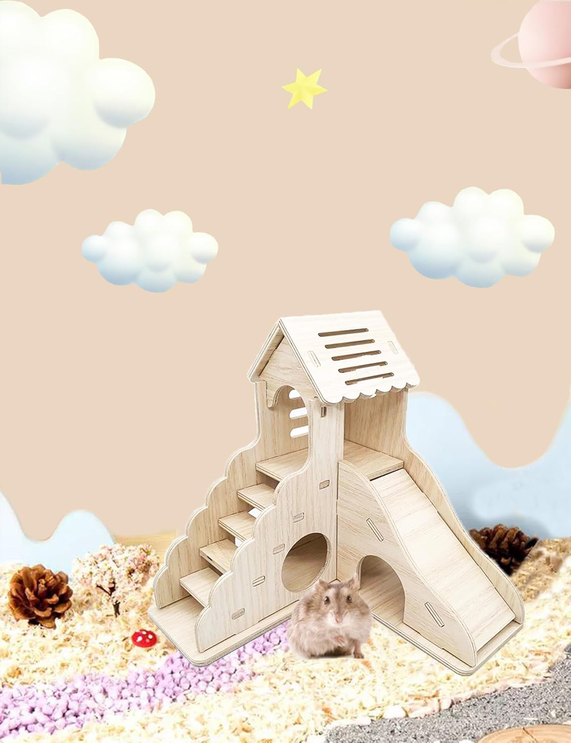 Hamster Hideout Cage Accessories - Hamster House and Habitat Wooden Hide Hut with Climbing Ladder and Platform for Dwarf Gerbils and Mouse Mice Rat Other Small Animals etc.
