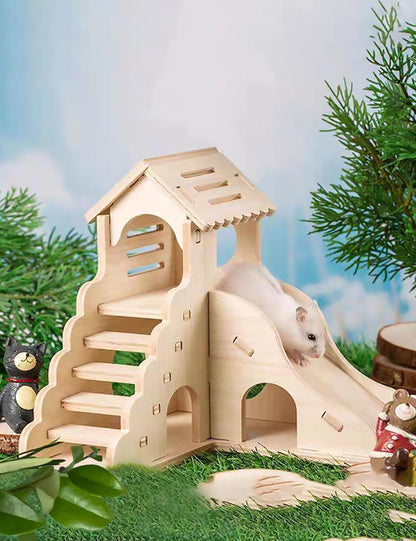 Hamster Hideout Cage Accessories - Hamster House and Habitat Wooden Hide Hut with Climbing Ladder and Platform for Dwarf Gerbils and Mouse Mice Rat Other Small Animals etc.