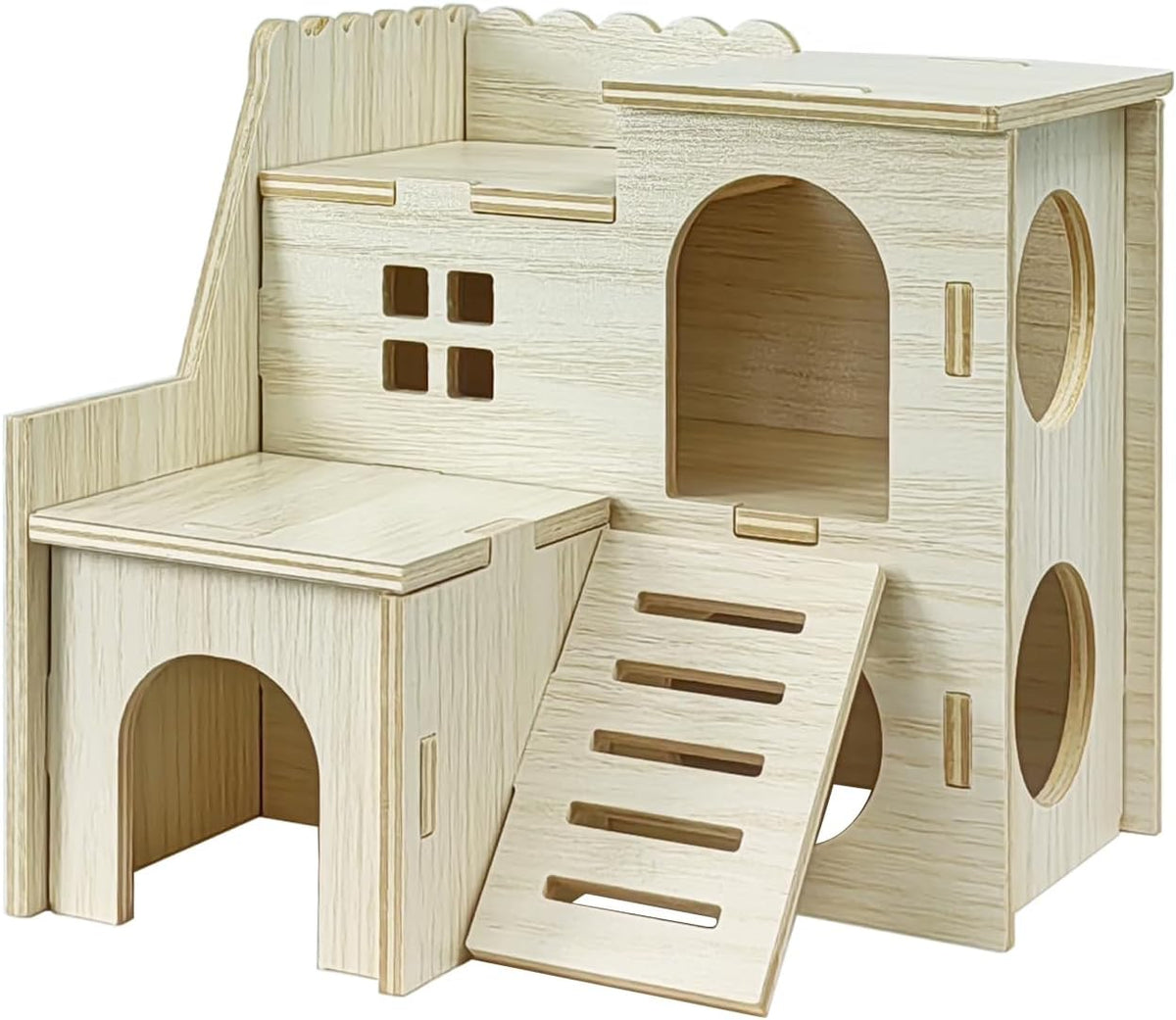 Hamster Hideout Cage Accessories - Hamster House and Habitat Wooden Hide Hut with Climbing Ladder and Platform for Dwarf Gerbils and Mouse Mice Rat Other Small Animals etc.