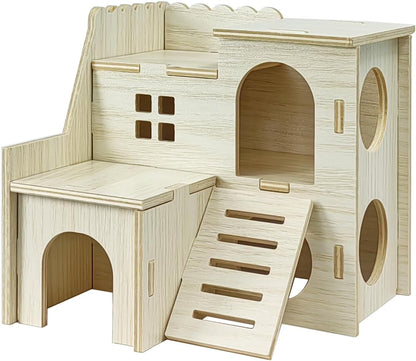 Hamster Hideout Cage Accessories - Hamster House and Habitat Wooden Hide Hut with Climbing Ladder and Platform for Dwarf Gerbils and Mouse Mice Rat Other Small Animals etc.
