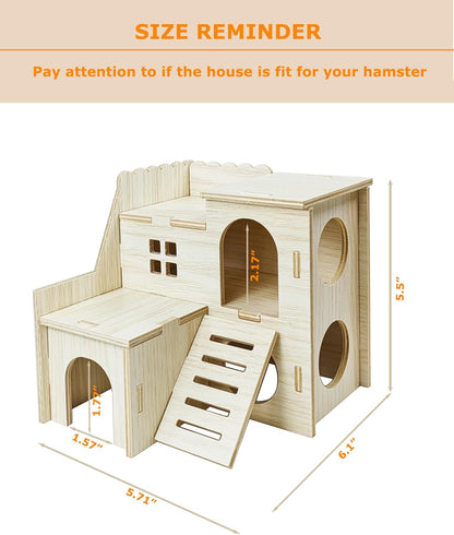 Hamster Hideout Cage Accessories - Hamster House and Habitat Wooden Hide Hut with Climbing Ladder and Platform for Dwarf Gerbils and Mouse Mice Rat Other Small Animals etc.