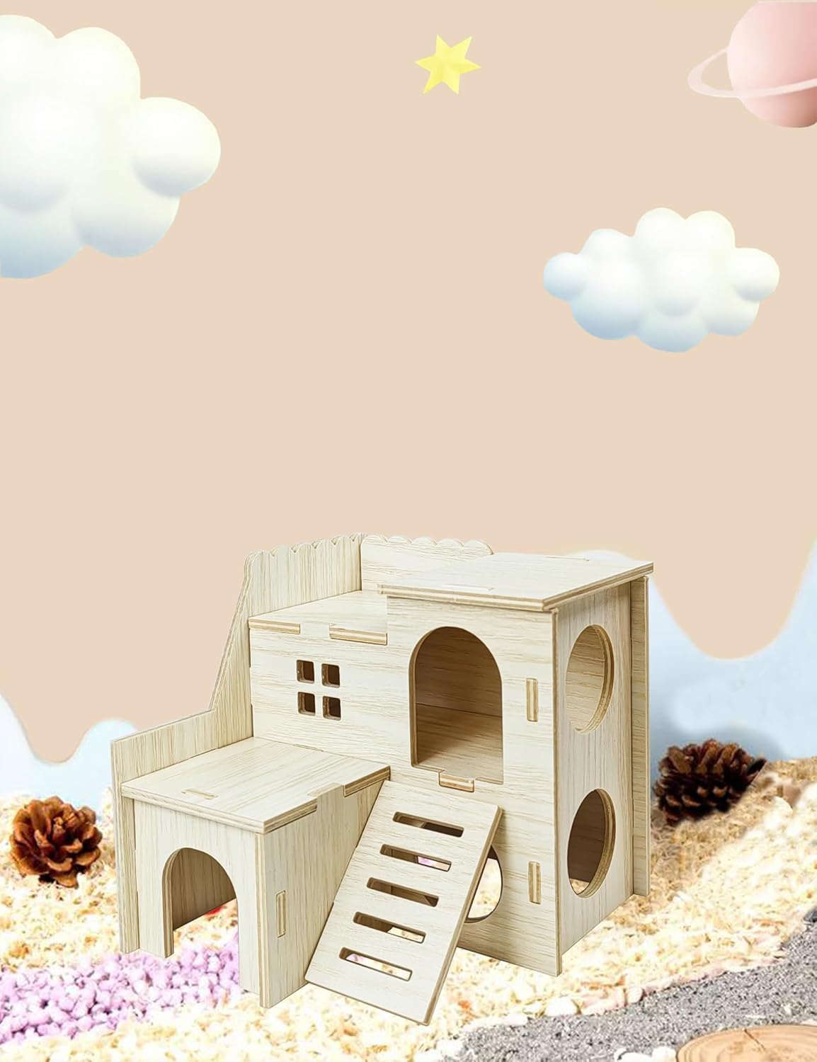 Hamster Hideout Cage Accessories - Hamster House and Habitat Wooden Hide Hut with Climbing Ladder and Platform for Dwarf Gerbils and Mouse Mice Rat Other Small Animals etc.