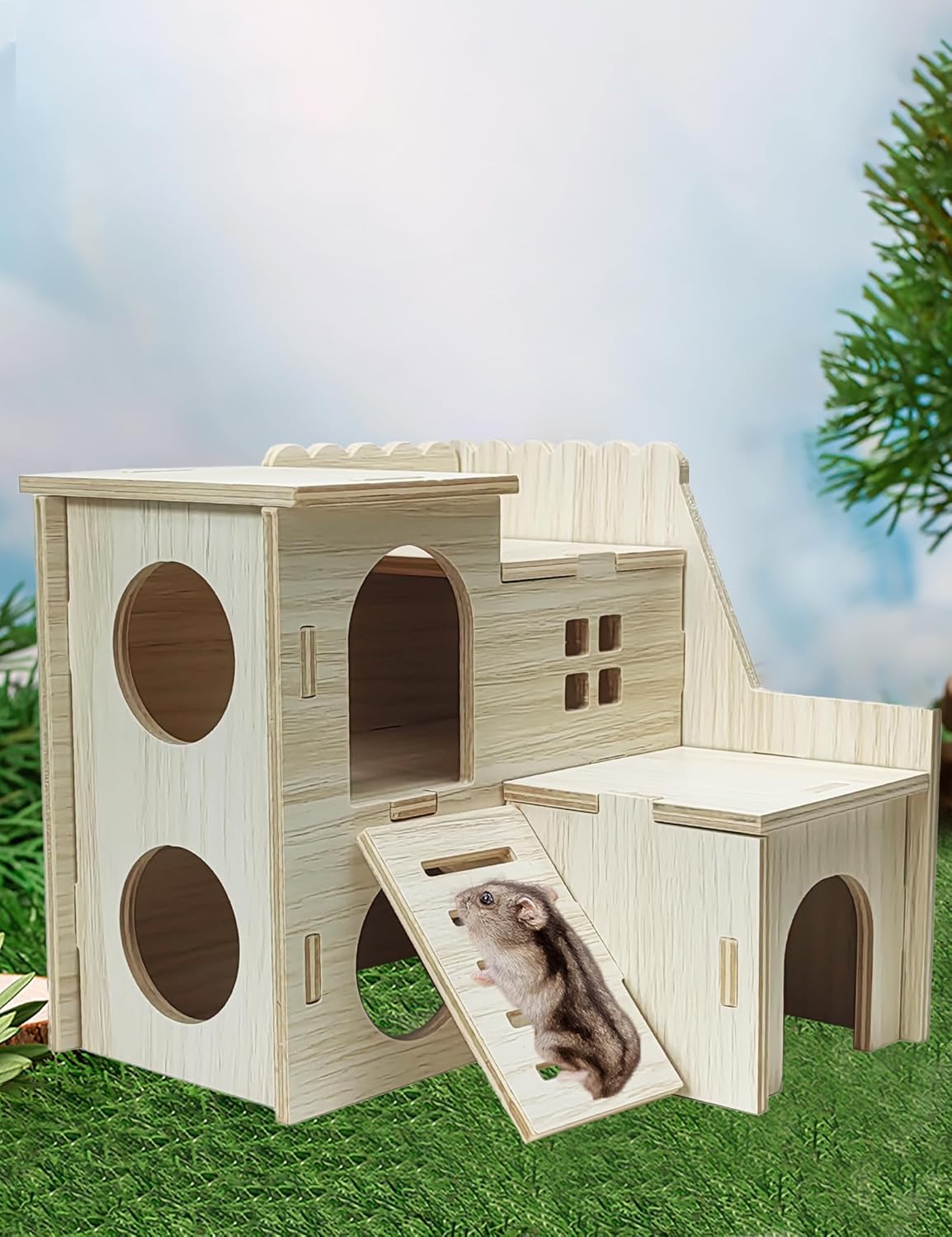 Hamster Hideout Cage Accessories - Hamster House and Habitat Wooden Hide Hut with Climbing Ladder and Platform for Dwarf Gerbils and Mouse Mice Rat Other Small Animals etc.