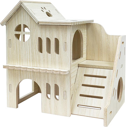 Hamster Hideout Cage Accessories - Hamster House and Habitat Wooden Hide Hut with Climbing Ladder and Platform for Dwarf Gerbils and Mouse Mice Rat Other Small Animals etc.