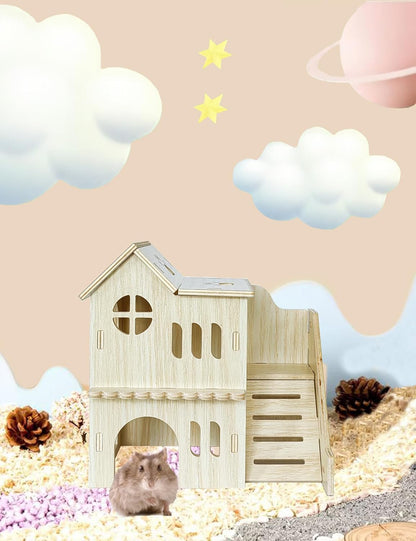 Hamster Hideout Cage Accessories - Hamster House and Habitat Wooden Hide Hut with Climbing Ladder and Platform for Dwarf Gerbils and Mouse Mice Rat Other Small Animals etc.