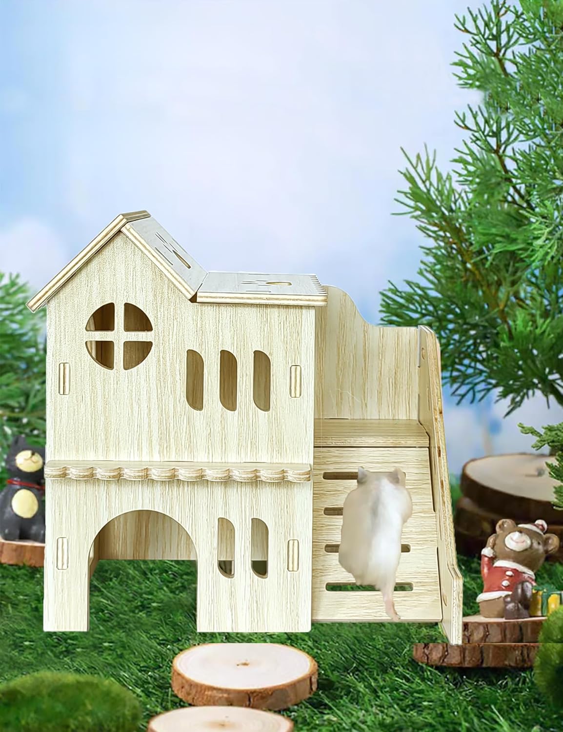 Hamster Hideout Cage Accessories - Hamster House and Habitat Wooden Hide Hut with Climbing Ladder and Platform for Dwarf Gerbils and Mouse Mice Rat Other Small Animals etc.