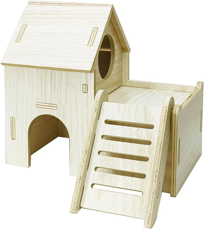 Hamster Hideout Cage Accessories - Hamster House and Habitat Wooden Hide Hut with Climbing Ladder and Platform for Dwarf Gerbils and Mouse Mice Rat Other Small Animals etc.