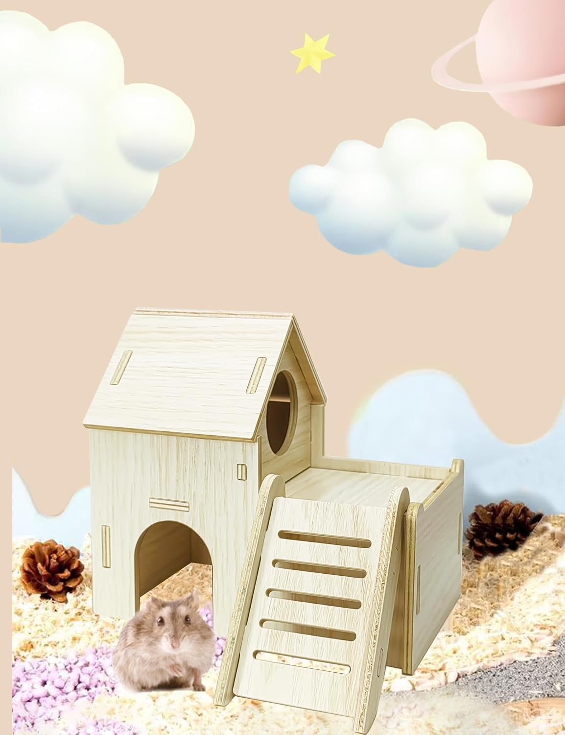 Hamster Hideout Cage Accessories - Hamster House and Habitat Wooden Hide Hut with Climbing Ladder and Platform for Dwarf Gerbils and Mouse Mice Rat Other Small Animals etc.