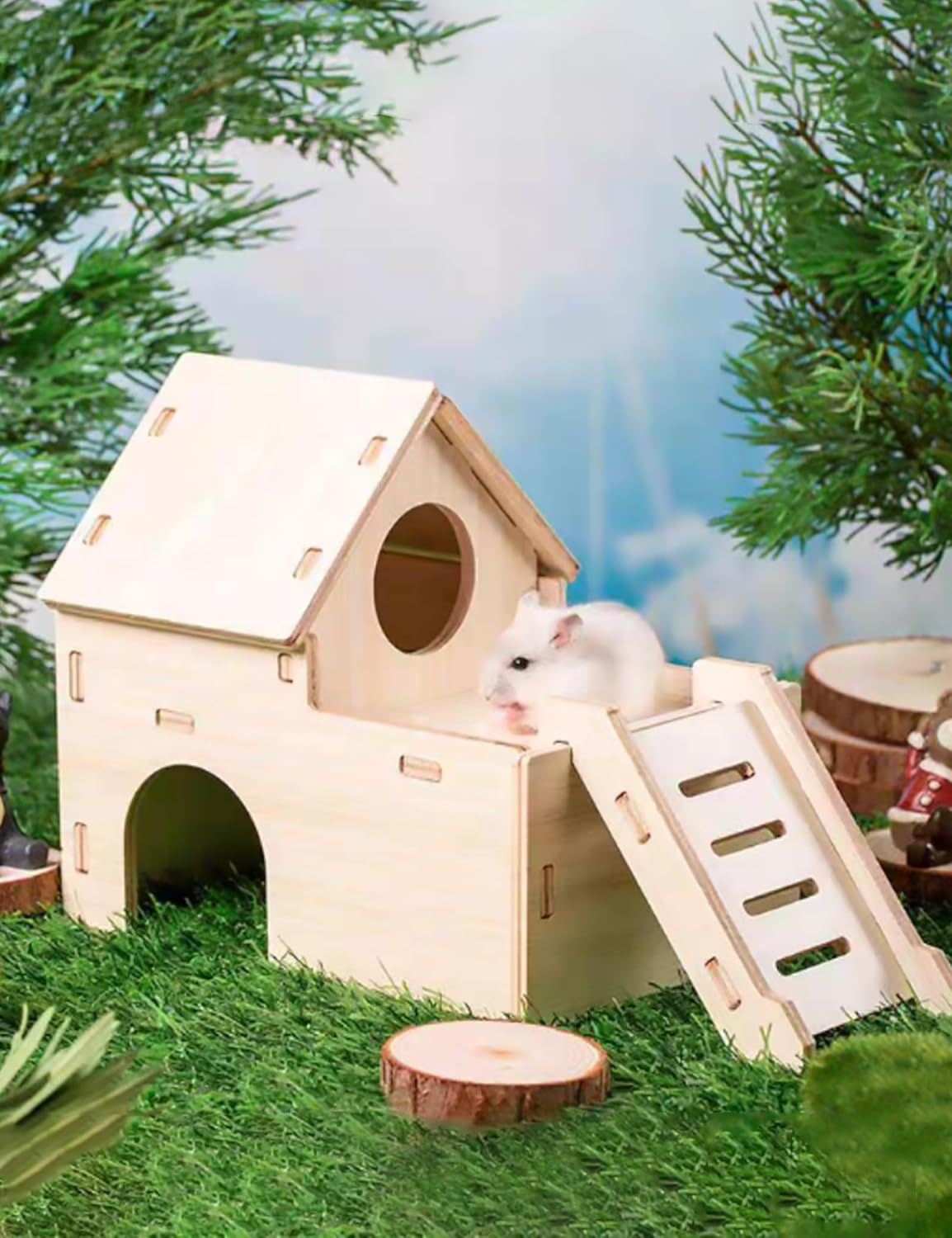 Hamster Hideout Cage Accessories - Hamster House and Habitat Wooden Hide Hut with Climbing Ladder and Platform for Dwarf Gerbils and Mouse Mice Rat Other Small Animals etc.