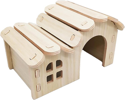 Hamster Hideout Cage Accessories - Hamster House and Habitat Wooden Hide Hut with Climbing Ladder and Platform for Dwarf Gerbils and Mouse Mice Rat Other Small Animals etc.