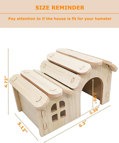 Hamster Hideout Cage Accessories - Hamster House and Habitat Wooden Hide Hut with Climbing Ladder and Platform for Dwarf Gerbils and Mouse Mice Rat Other Small Animals etc.
