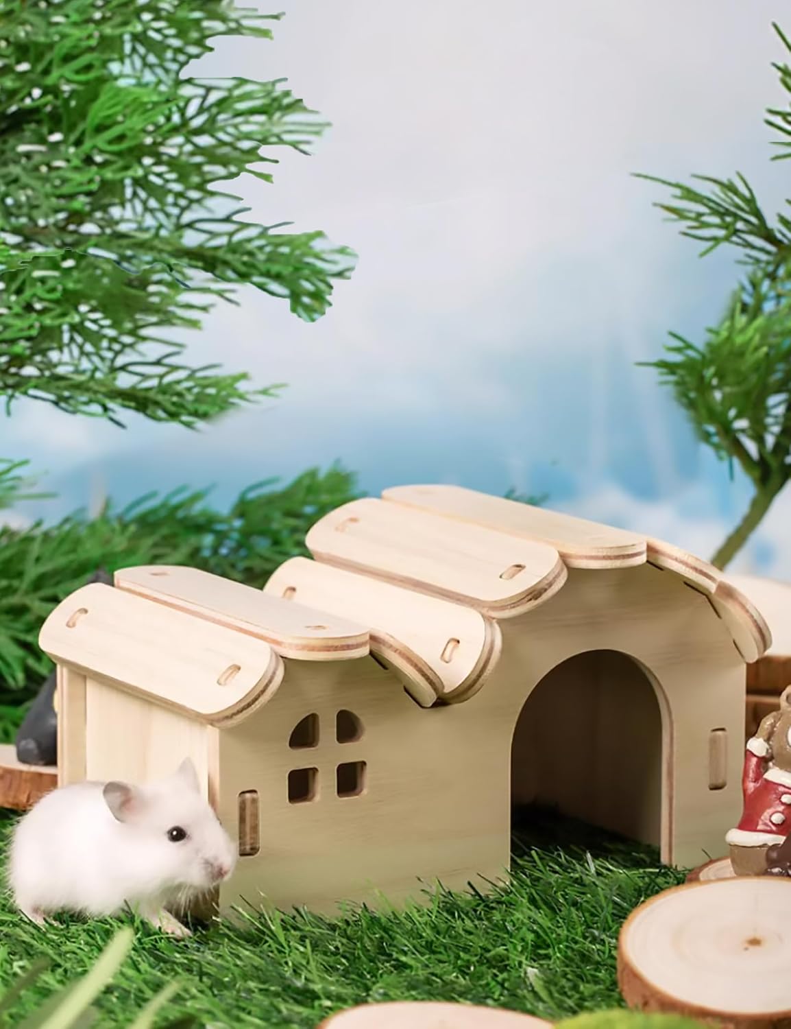 Hamster Hideout Cage Accessories - Hamster House and Habitat Wooden Hide Hut with Climbing Ladder and Platform for Dwarf Gerbils and Mouse Mice Rat Other Small Animals etc.