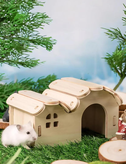 Hamster Hideout Cage Accessories - Hamster House and Habitat Wooden Hide Hut with Climbing Ladder and Platform for Dwarf Gerbils and Mouse Mice Rat Other Small Animals etc.