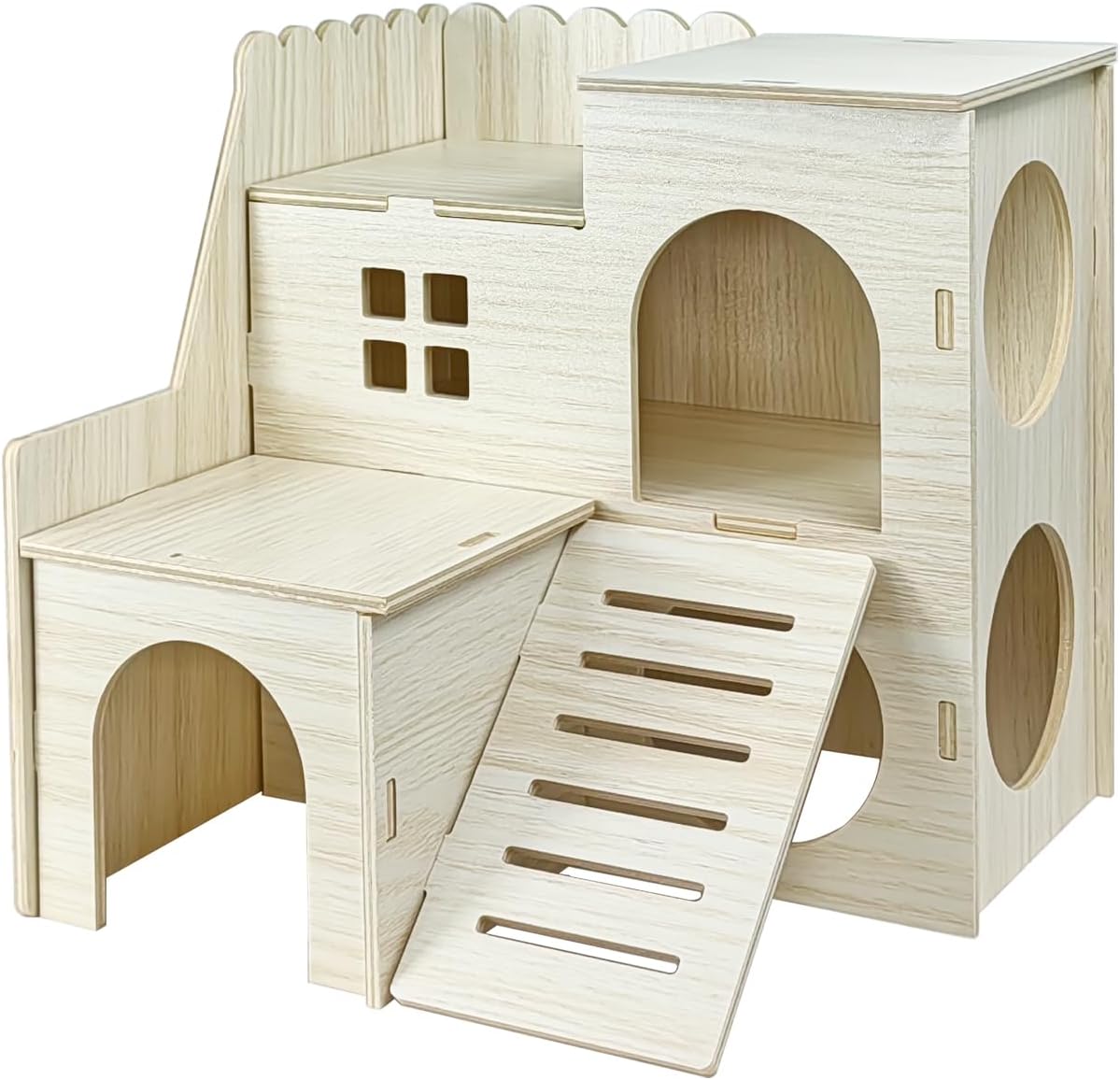 Hamster Hideout Cage Accessories - Hamster House and Habitat Wooden Hide Hut with Climbing Ladder and Platform for Dwarf Gerbils and Mouse Mice Rat Other Small Animals etc.