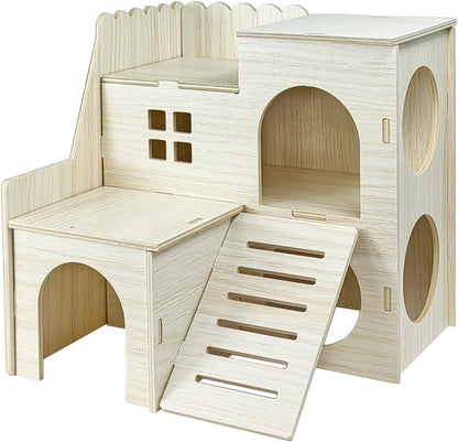 Hamster Hideout Cage Accessories - Hamster House and Habitat Wooden Hide Hut with Climbing Ladder and Platform for Dwarf Gerbils and Mouse Mice Rat Other Small Animals etc.