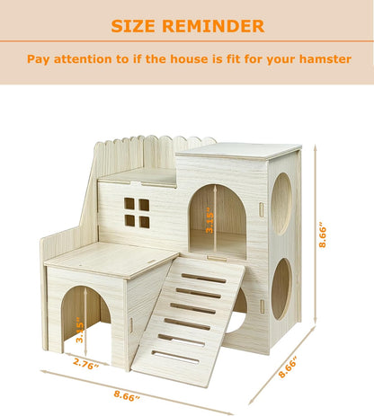 Hamster Hideout Cage Accessories - Hamster House and Habitat Wooden Hide Hut with Climbing Ladder and Platform for Dwarf Gerbils and Mouse Mice Rat Other Small Animals etc.