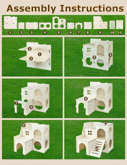 Hamster Hideout Cage Accessories - Hamster House and Habitat Wooden Hide Hut with Climbing Ladder and Platform for Dwarf Gerbils and Mouse Mice Rat Other Small Animals etc.