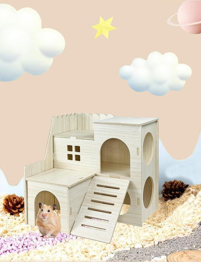 Hamster Hideout Cage Accessories - Hamster House and Habitat Wooden Hide Hut with Climbing Ladder and Platform for Dwarf Gerbils and Mouse Mice Rat Other Small Animals etc.