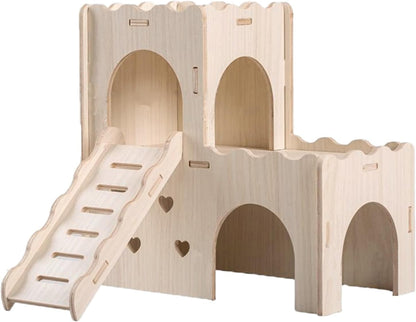 Hamster Hideout Cage Accessories - Hamster House and Habitat Wooden Hide Hut with Climbing Ladder and Platform for Dwarf Gerbils and Mouse Mice Rat Other Small Animals etc.