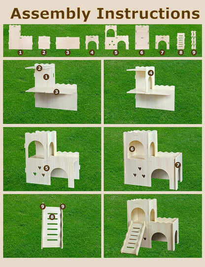 Hamster Hideout Cage Accessories - Hamster House and Habitat Wooden Hide Hut with Climbing Ladder and Platform for Dwarf Gerbils and Mouse Mice Rat Other Small Animals etc.