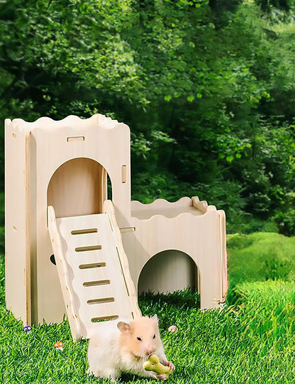 Hamster Hideout Cage Accessories - Hamster House and Habitat Wooden Hide Hut with Climbing Ladder and Platform for Dwarf Gerbils and Mouse Mice Rat Other Small Animals etc.