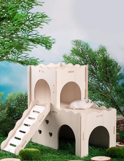 Hamster Hideout Cage Accessories - Hamster House and Habitat Wooden Hide Hut with Climbing Ladder and Platform for Dwarf Gerbils and Mouse Mice Rat Other Small Animals etc.