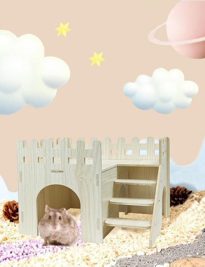Hamster Hideout Cage Accessories - Hamster House and Habitat Wooden Hide Hut with Climbing Ladder and Platform for Dwarf Gerbils and Mouse Mice Rat Other Small Animals etc.