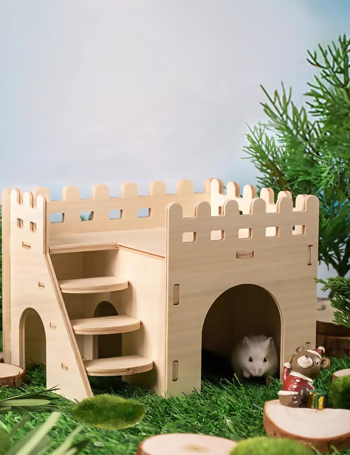Hamster Hideout Cage Accessories - Hamster House and Habitat Wooden Hide Hut with Climbing Ladder and Platform for Dwarf Gerbils and Mouse Mice Rat Other Small Animals etc.