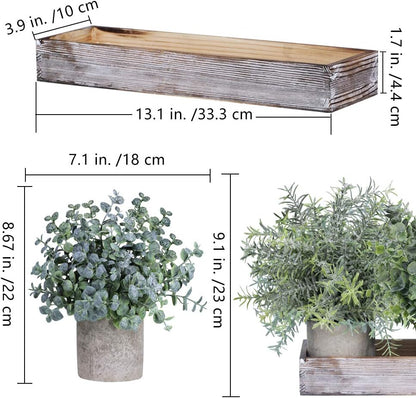 Set of 3 Mini Potted Artificial Eucalyptus Plants Faux Rosemary Plant Assortment with Wood Planter Box for Indoor Office Desk Apartment Wedding Tabletop Greenery Decorations 8.7" Tall
