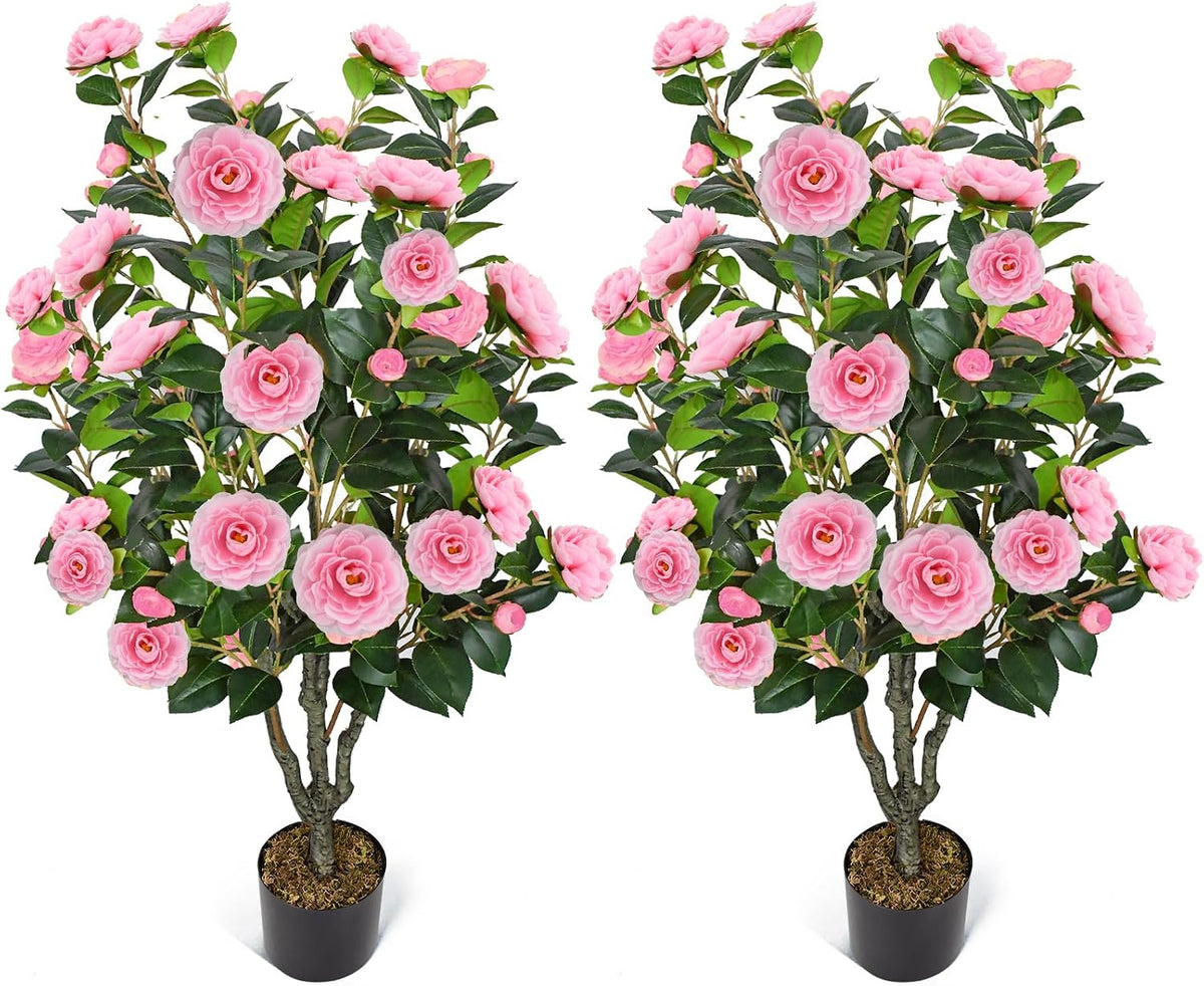 2 Pack 42" Artificial Camellia Tree with 36 Blooming Flowers Faux Floral Trees Tall Plastic Potted Fake Plant for Indoor Outdoor Office Shop Home Room Porch Front Door