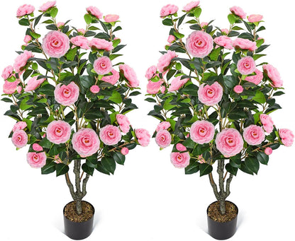 2 Pack 42" Artificial Camellia Tree with 36 Blooming Flowers Faux Floral Trees Tall Plastic Potted Fake Plant for Indoor Outdoor Office Shop Home Room Porch Front Door